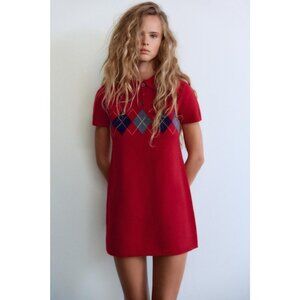Zara Womens Mini Sweater Dress Size S Red Shift Argyle Short Sleeve 5755/014 NWT